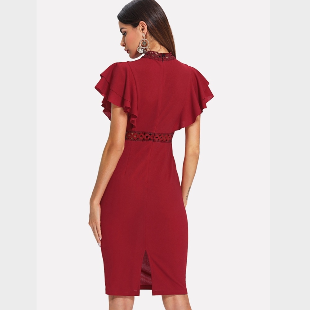 Burgundy Eyelet Lace Flounce Sleeve Bodycon Dress - Picture 4 of 6